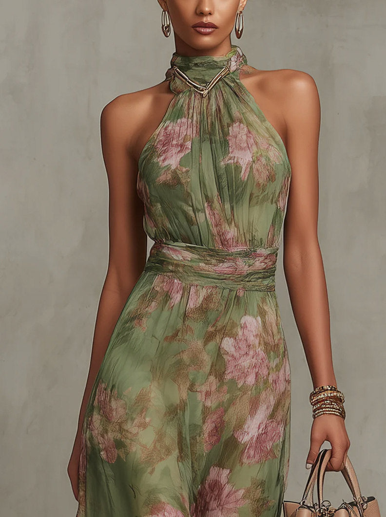 Floral Halter Chiffon Maxi Dress