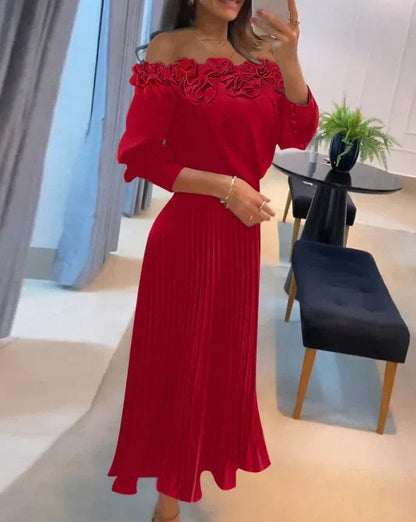 Off Shoulder Floral Applique Midi Dress