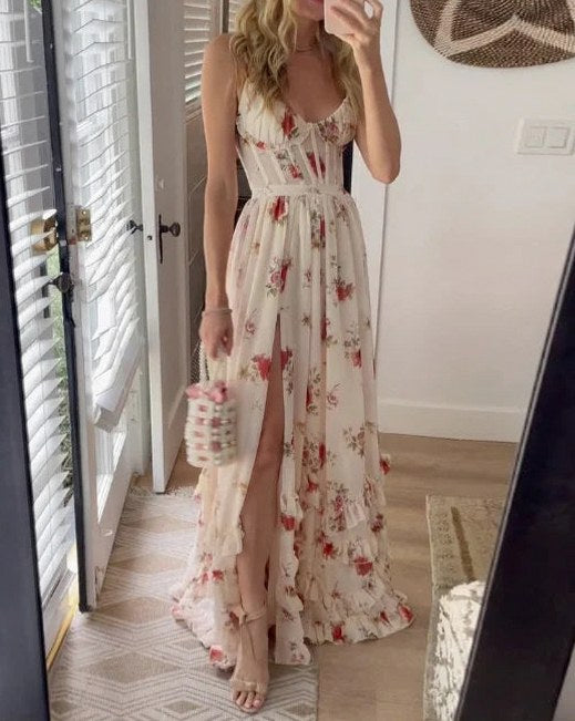 Floral Sweetheart Slit Maxi Dress