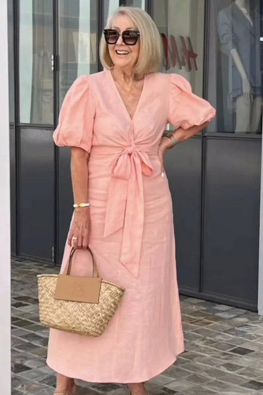 Puff Sleeve Tie Waist Maxi Dress