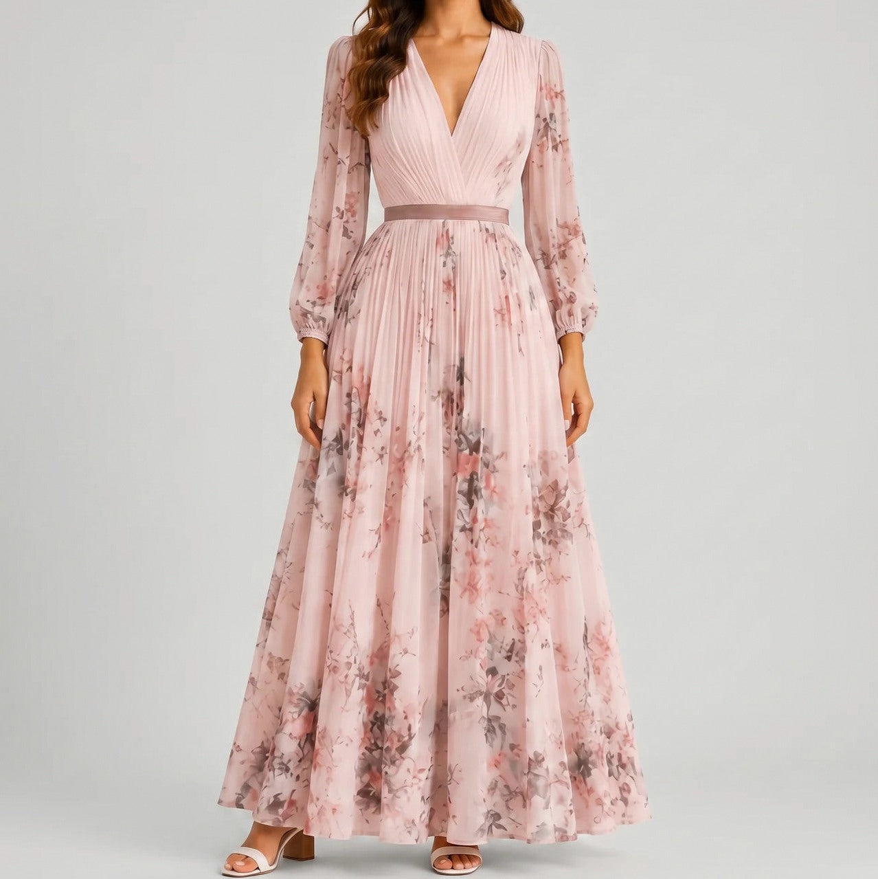 Chiffon Floral Pleated Maxi Dress