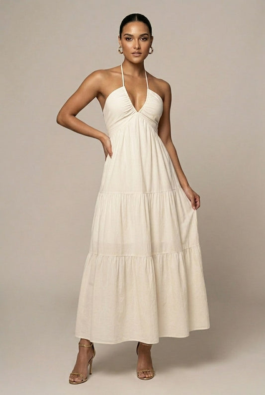 Linen Halter Tiered Maxi Dress