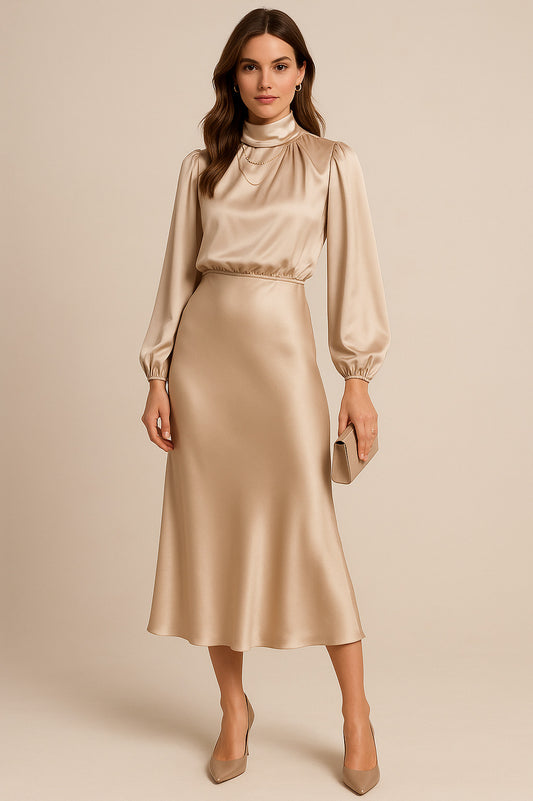 Satin High Neck Midi Dress