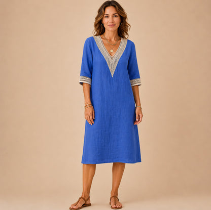 Linen Crochet Trim Midi Dress