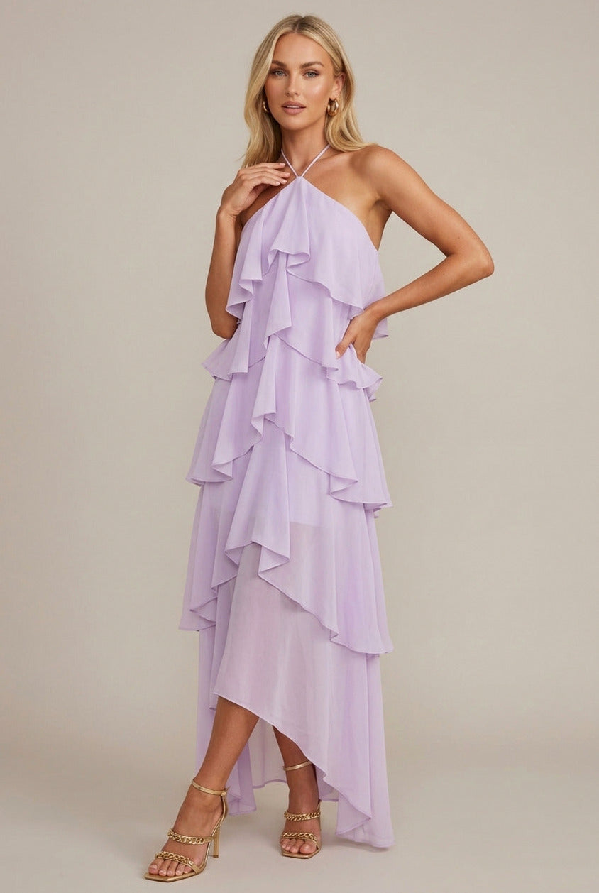 Chiffon Halter Tiered Maxi Dress