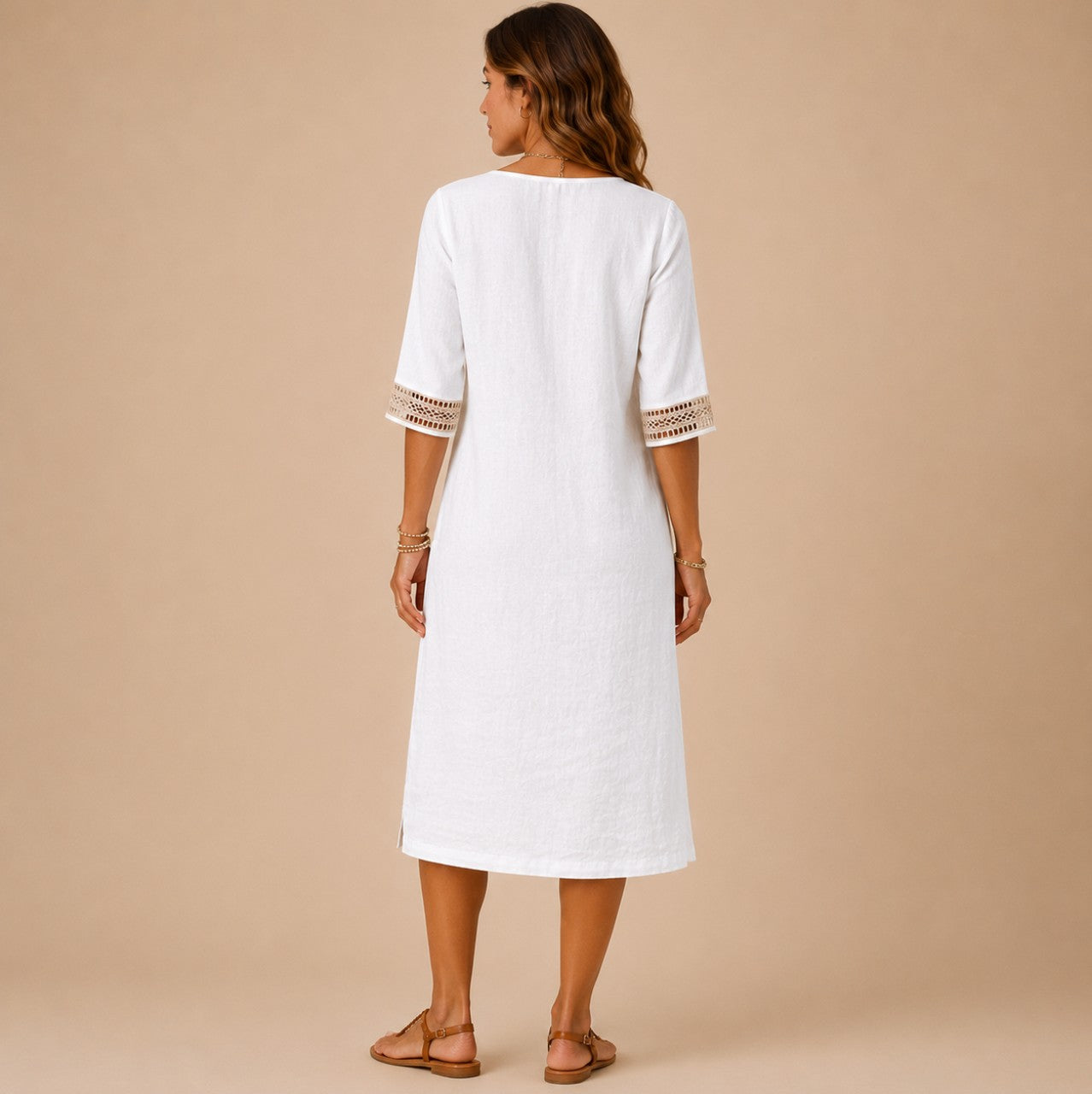 Linen Crochet Trim Midi Dress