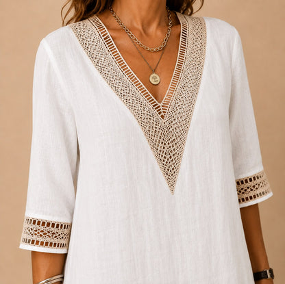 Linen Crochet Trim Midi Dress