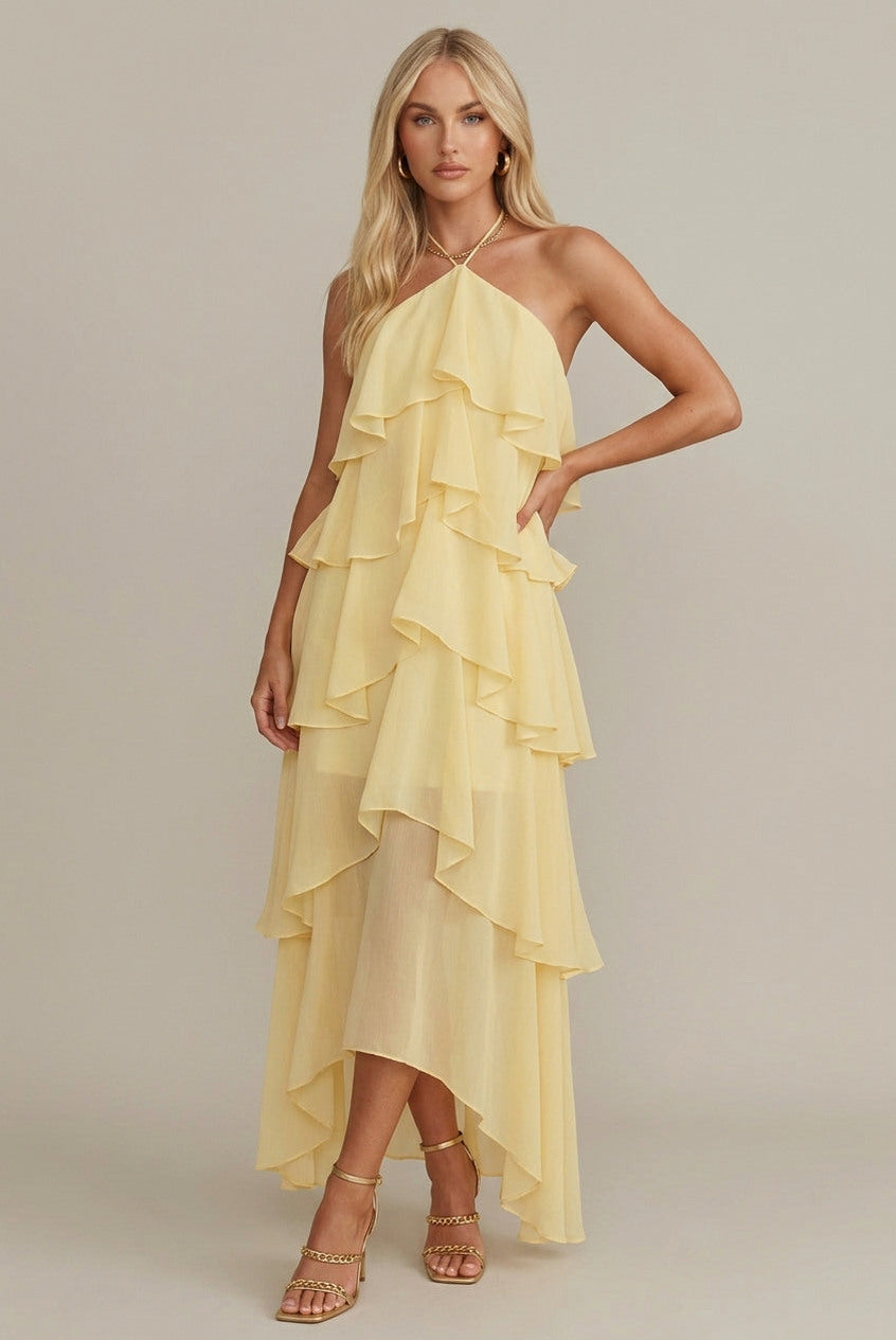 Chiffon Halter Tiered Maxi Dress