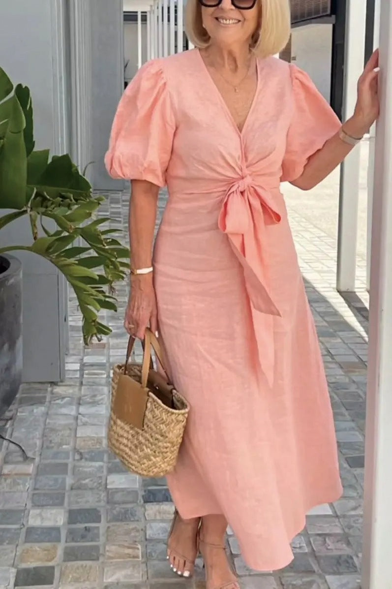 Puff Sleeve Tie Waist Maxi Dress