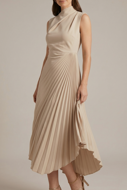 Draped Asymmetrical Pleated Midi Dress