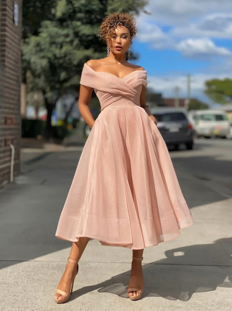 Mesh Off Shoulder Midi Dress