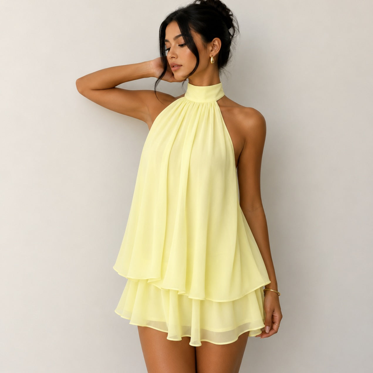 Chiffon Halter Tiered Mini Dress