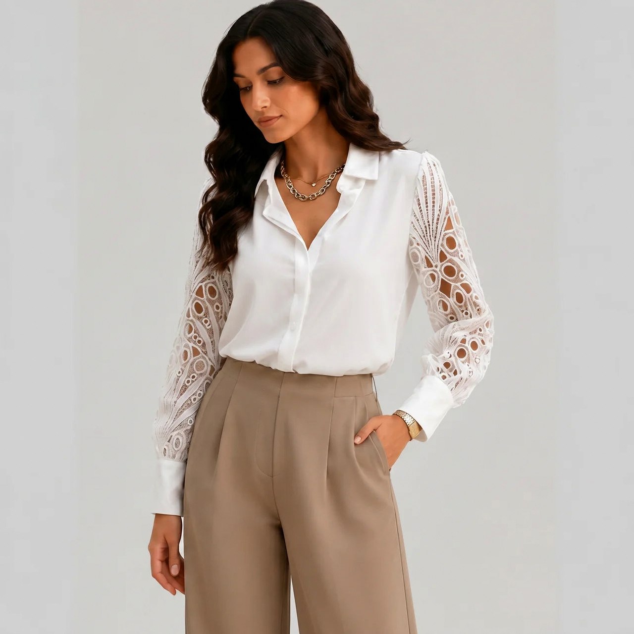 Crochet Sleeve Button Front Blouse