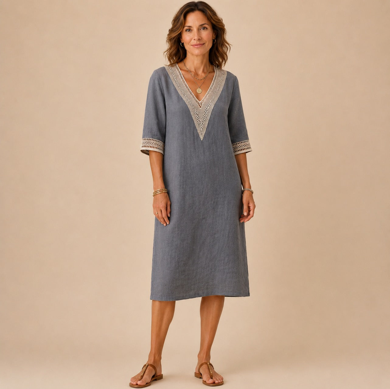 Linen Crochet Trim Midi Dress