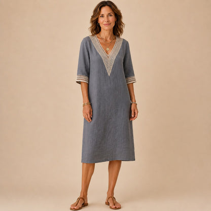 Linen Crochet Trim Midi Dress