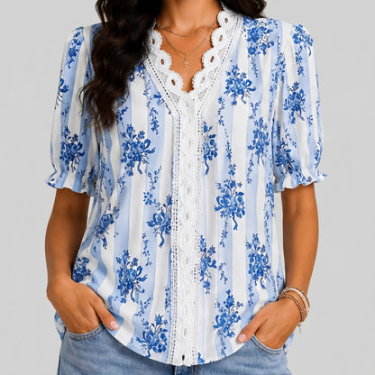 Floral Crochet Puff Sleeve Blouse