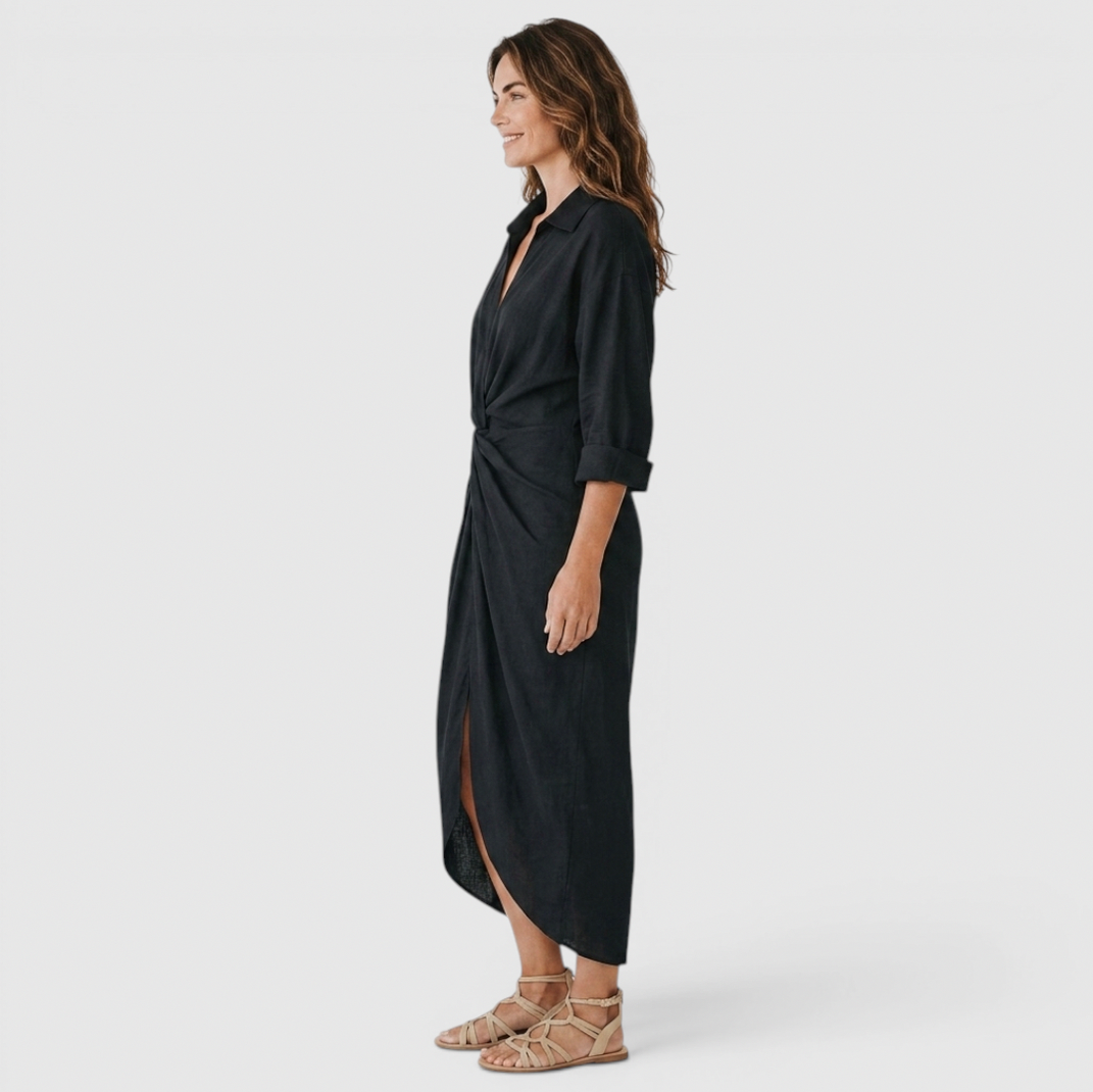 Linen Twist Front Midi Dress