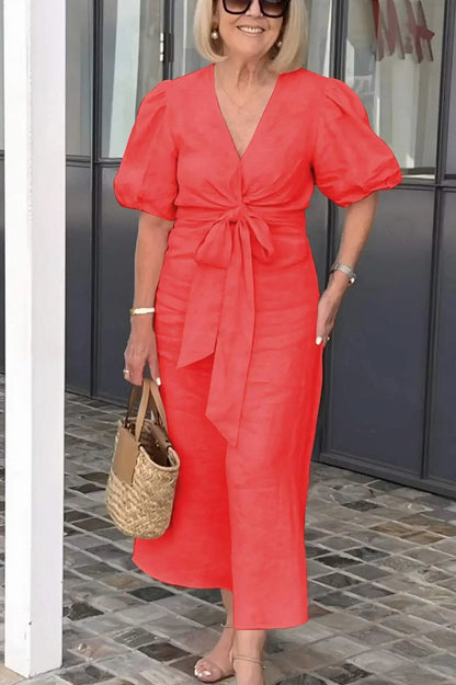 Puff Sleeve Tie Waist Maxi Dress