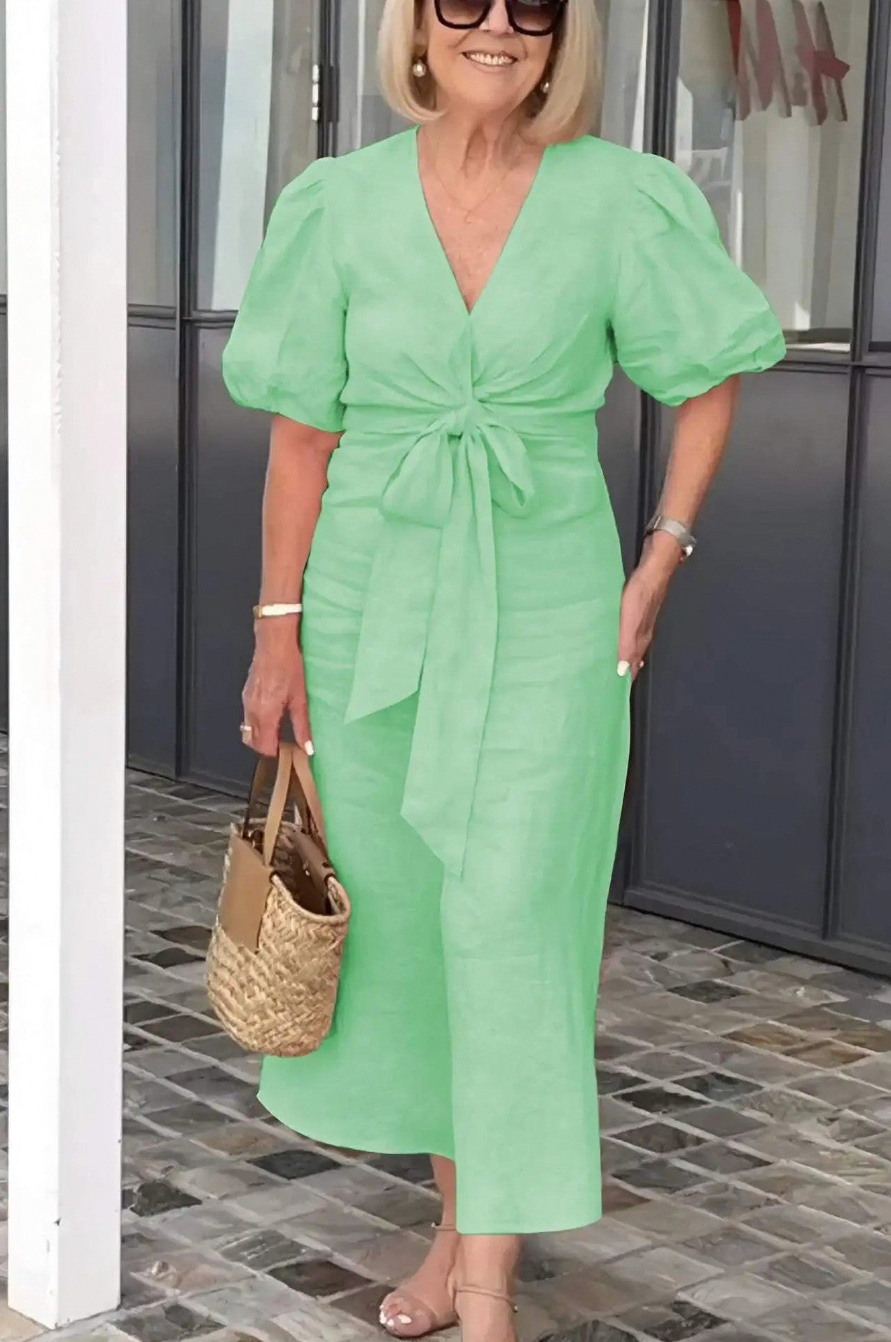 Puff Sleeve Tie Waist Maxi Dress