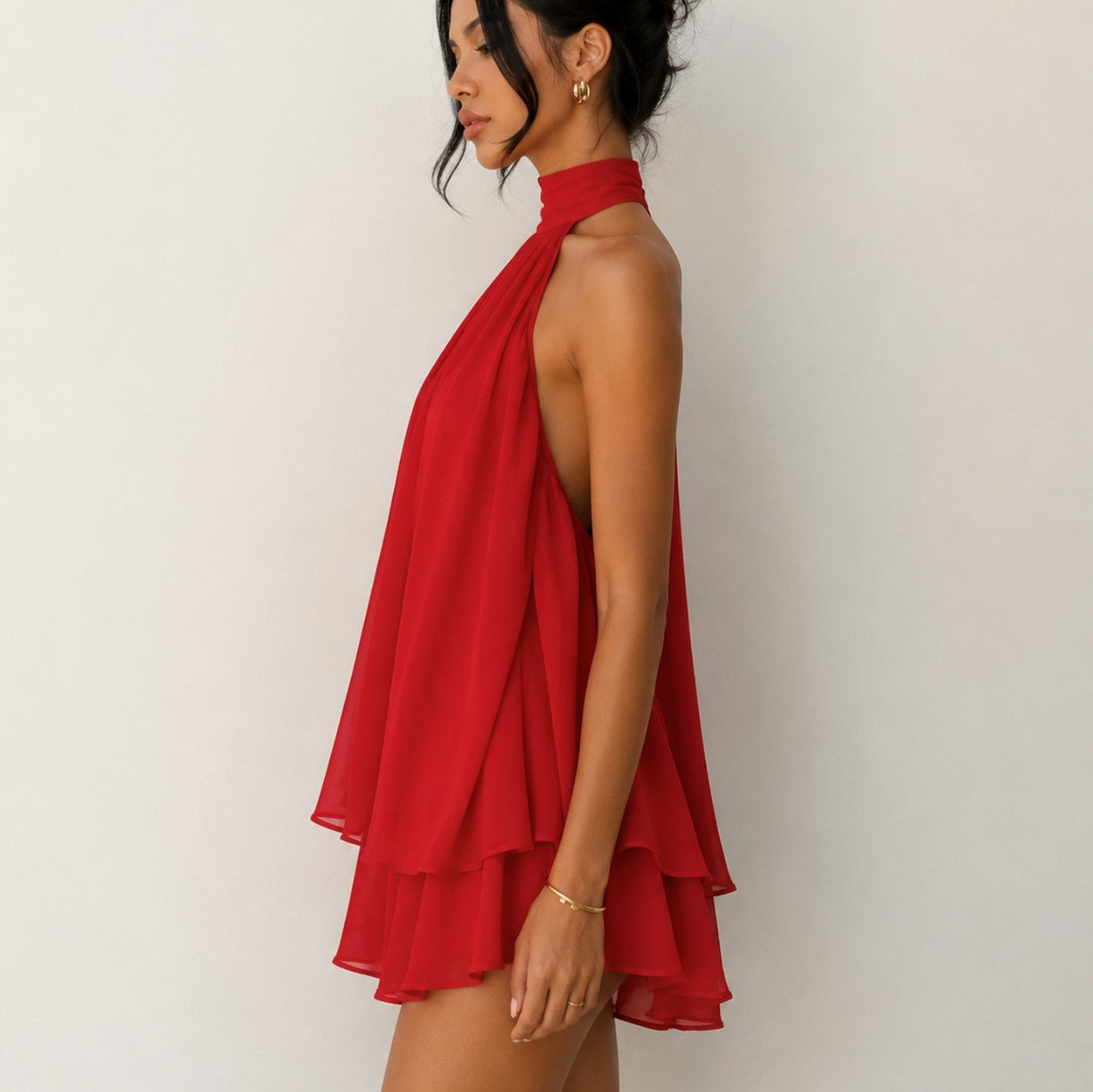 Chiffon Halter Tiered Mini Dress