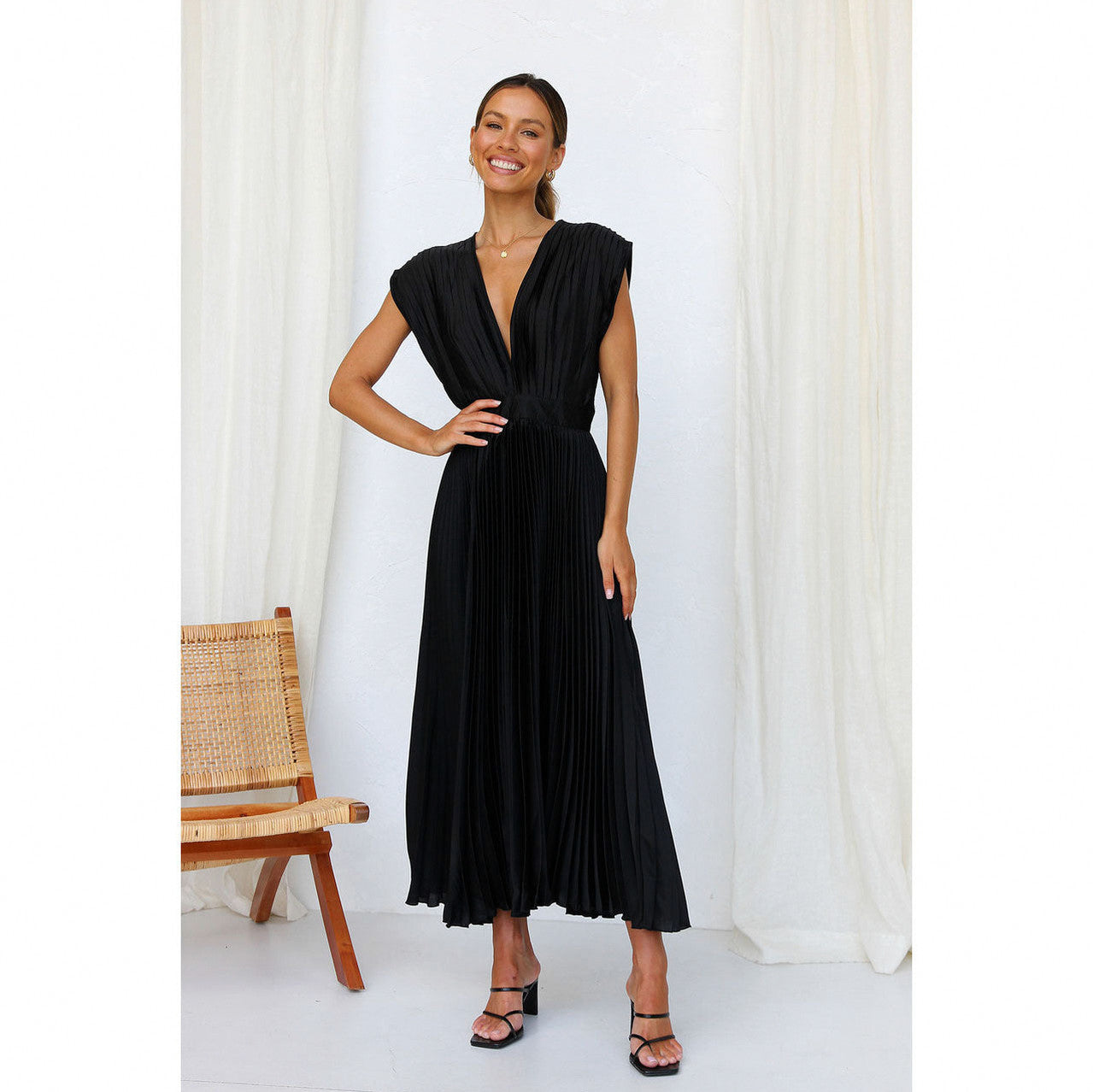 Satin Sleeveless Plunge Midi Dress