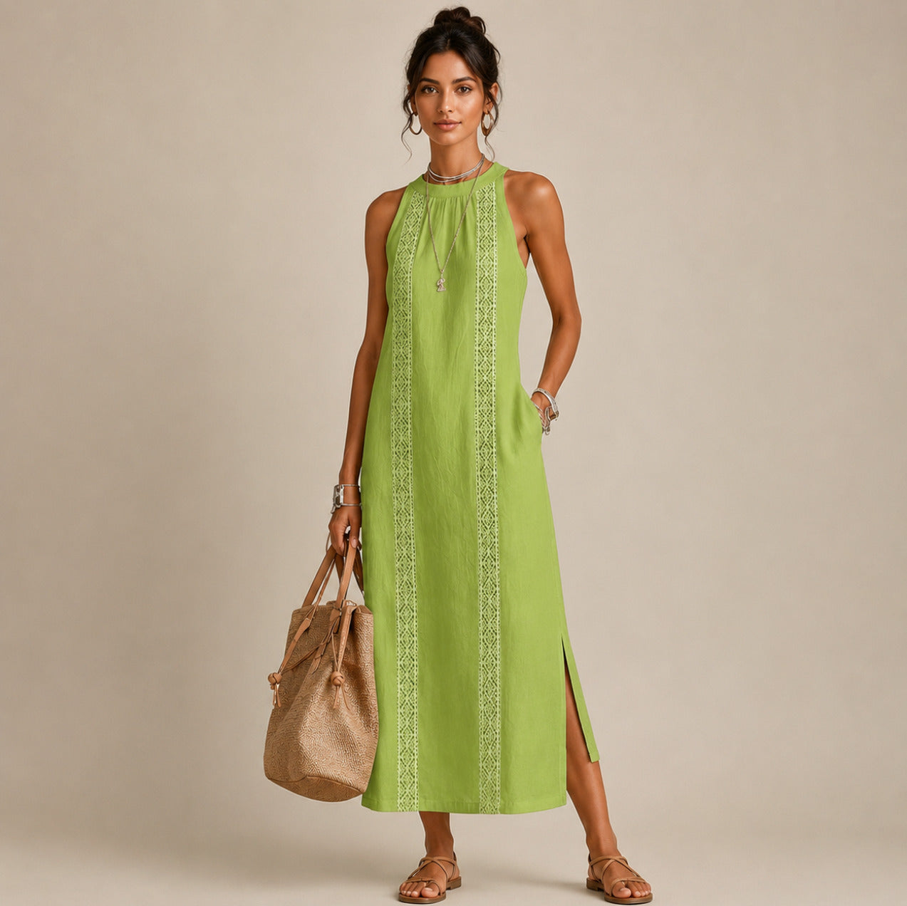 Halter Lace Trim Midi Sundress