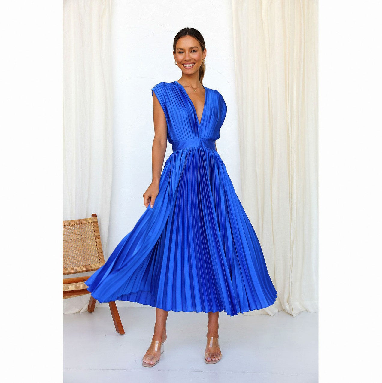 Satin Sleeveless Plunge Midi Dress