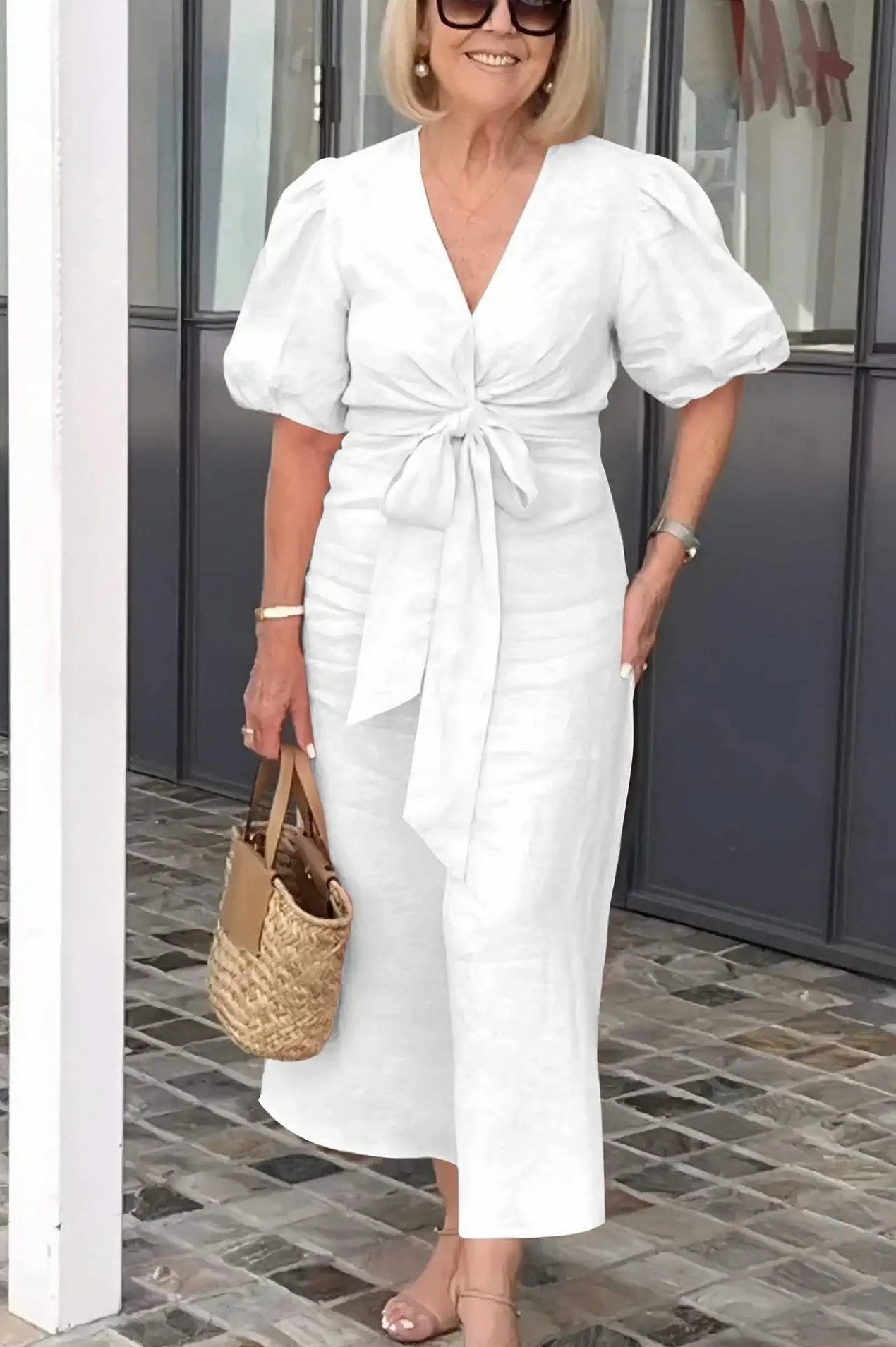 Puff Sleeve Tie Waist Maxi Dress
