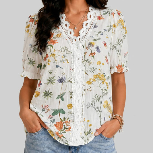 Floral Crochet Puff Sleeve Blouse