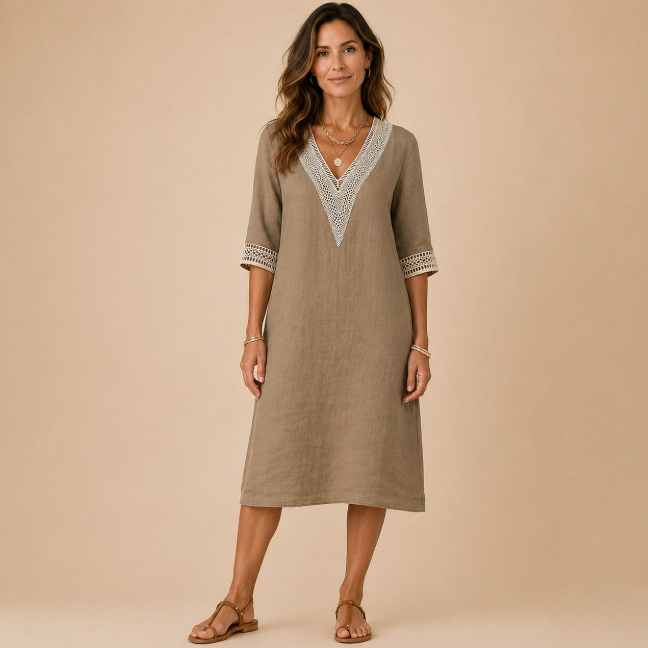 Linen Crochet Trim Midi Dress