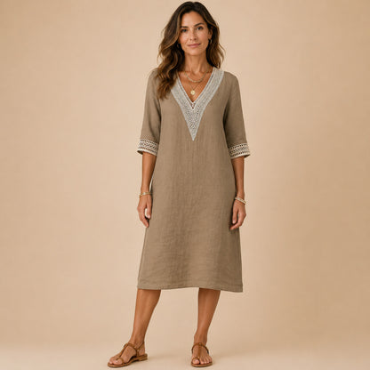 Linen Crochet Trim Midi Dress
