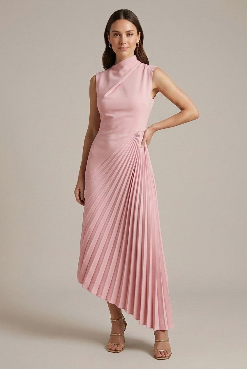 Draped Asymmetrical Pleated Midi Dress