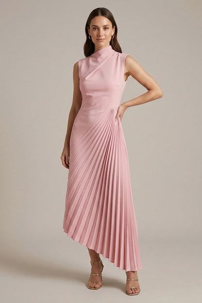 Draped Asymmetrical Pleated Midi Dress
