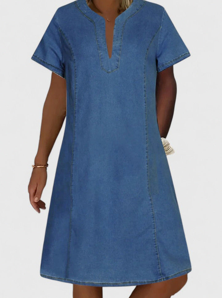 Denim Split Neck Midi Dress