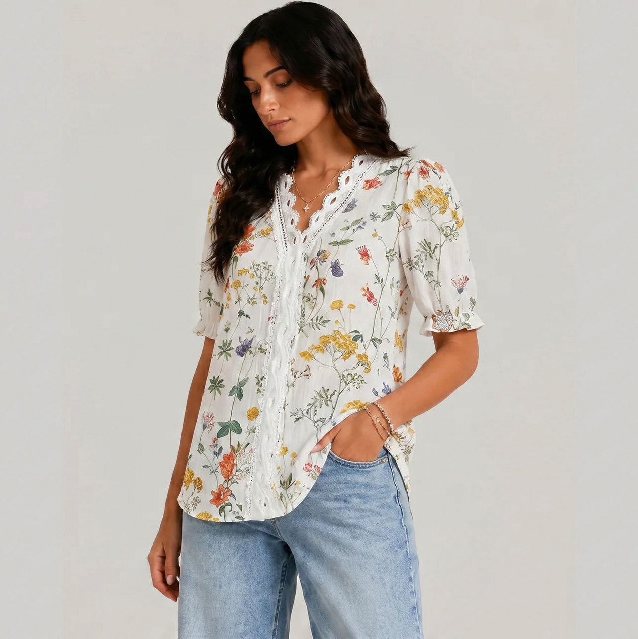 Floral Crochet Puff Sleeve Blouse