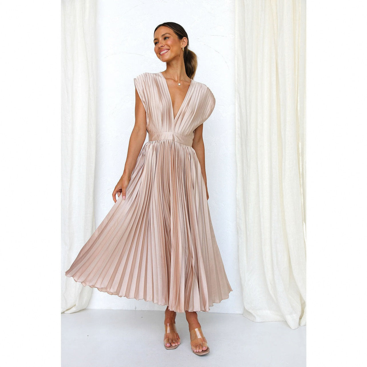 Satin Sleeveless Plunge Midi Dress