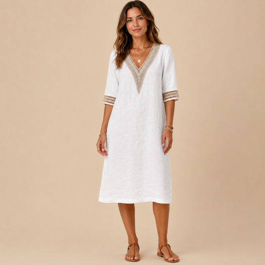 Linen Crochet Trim Midi Dress