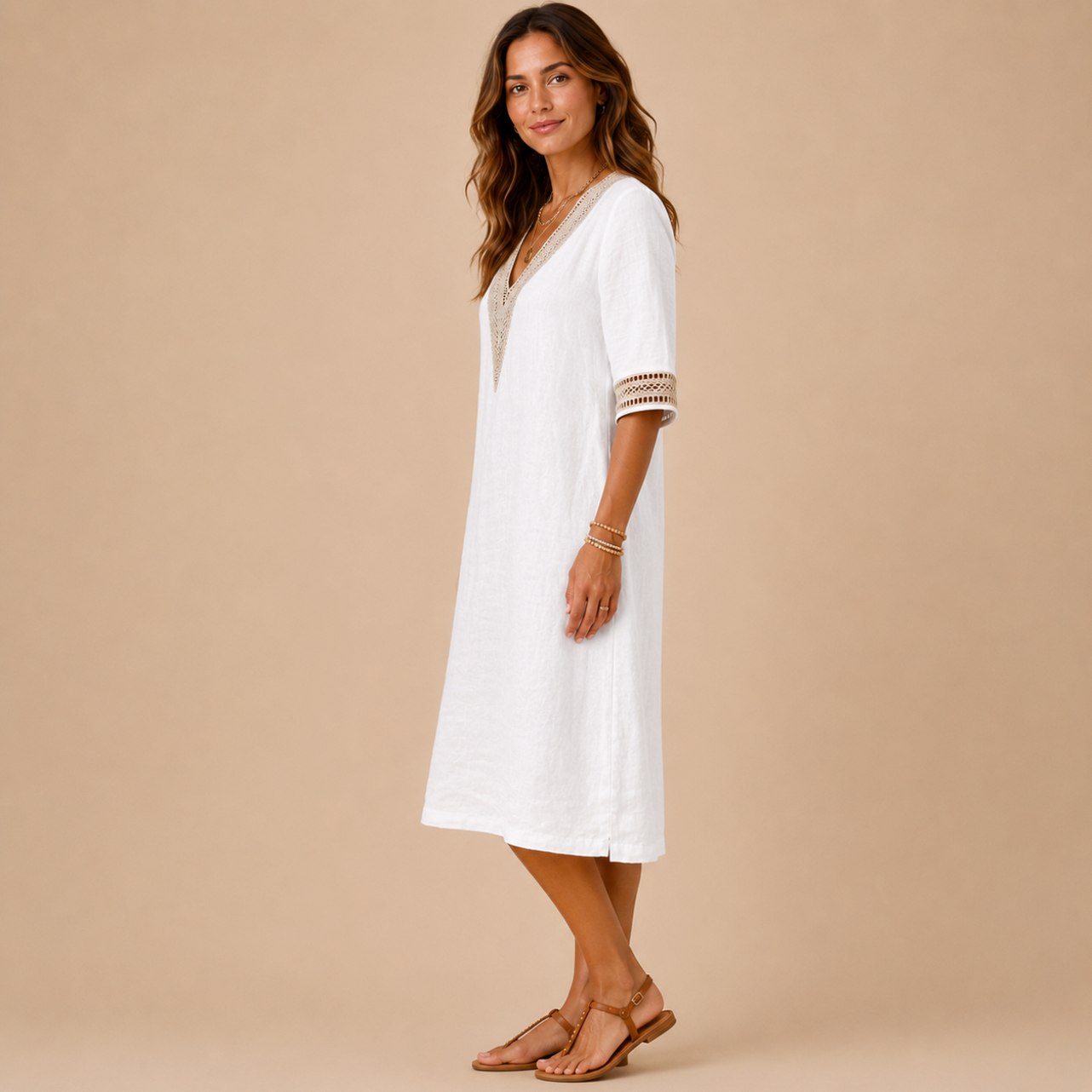 Linen Crochet Trim Midi Dress