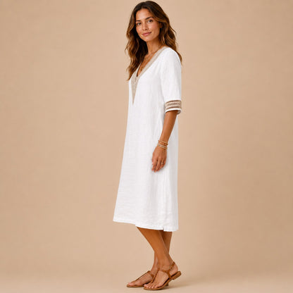 Linen Crochet Trim Midi Dress