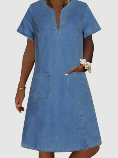 Denim Split Neck Midi Dress