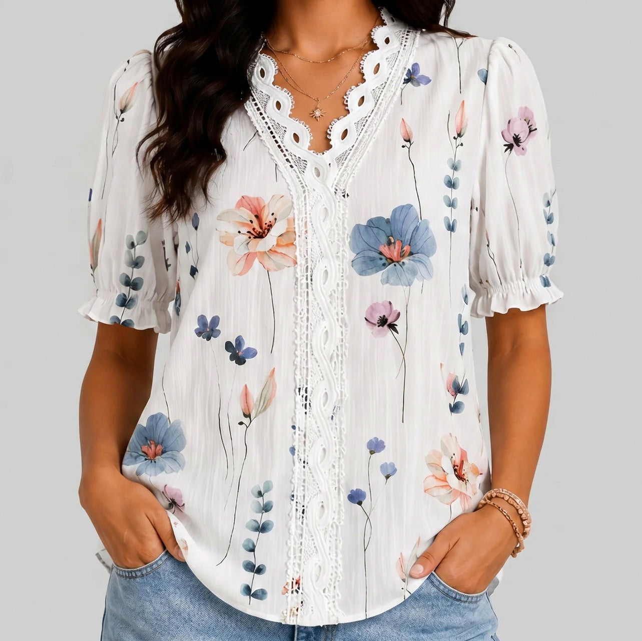 Floral Crochet Puff Sleeve Blouse