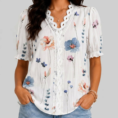Floral Crochet Puff Sleeve Blouse