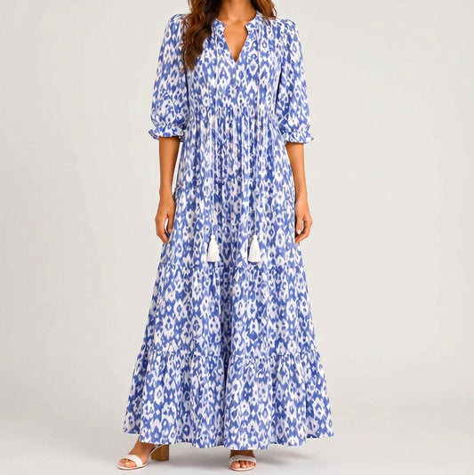 Ikat Puff Sleeve Maxi Dress