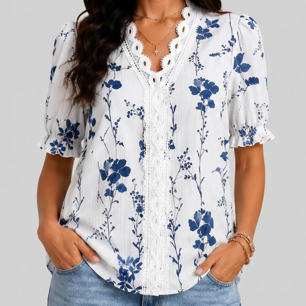 Floral Crochet Puff Sleeve Blouse