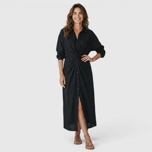 Linen Twist Front Midi Dress