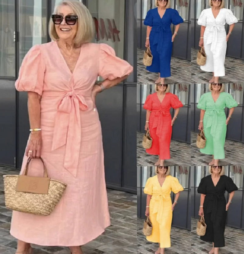 Puff Sleeve Tie Waist Maxi Dress