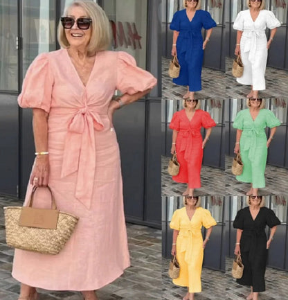 Puff Sleeve Tie Waist Maxi Dress