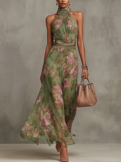 Floral Halter Chiffon Maxi Dress