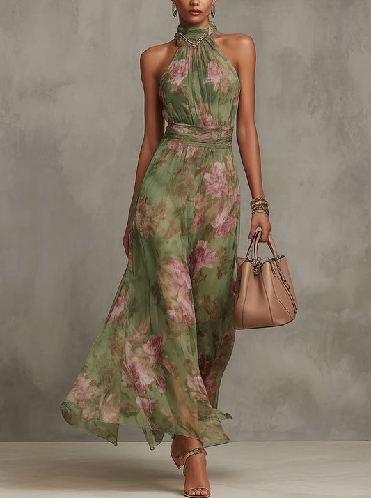 Floral Halter Chiffon Maxi Dress