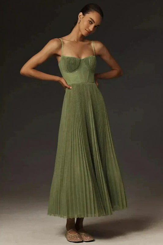 Tulle Corset Pleated Midi Dress